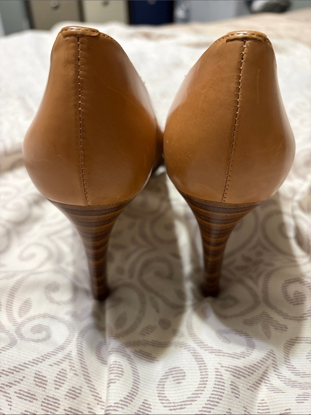 Via Spiga Tan Peep-Toe 3.5” Stiletto Heels Orange Insole Size 8.5 - Picture 4 of 11